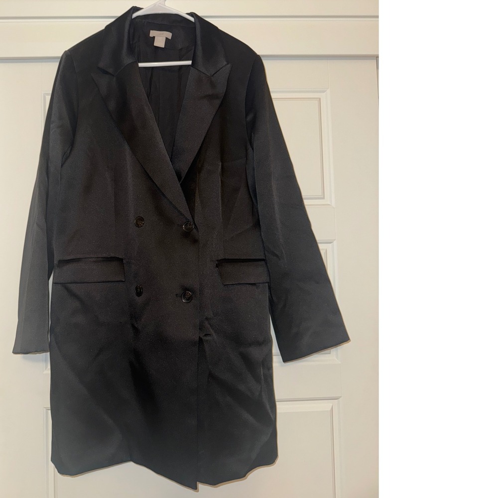 H&M sz XL Women Satin Double Breasted Black Lined Blazer Dress Career Party Chic - Picture 6 of 11